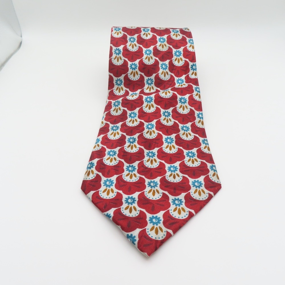 Christian Dior Tie Silk Red Blue Floral Polka Dot 3.75" Wide 56" Long Polyester - Picture 3 of 7